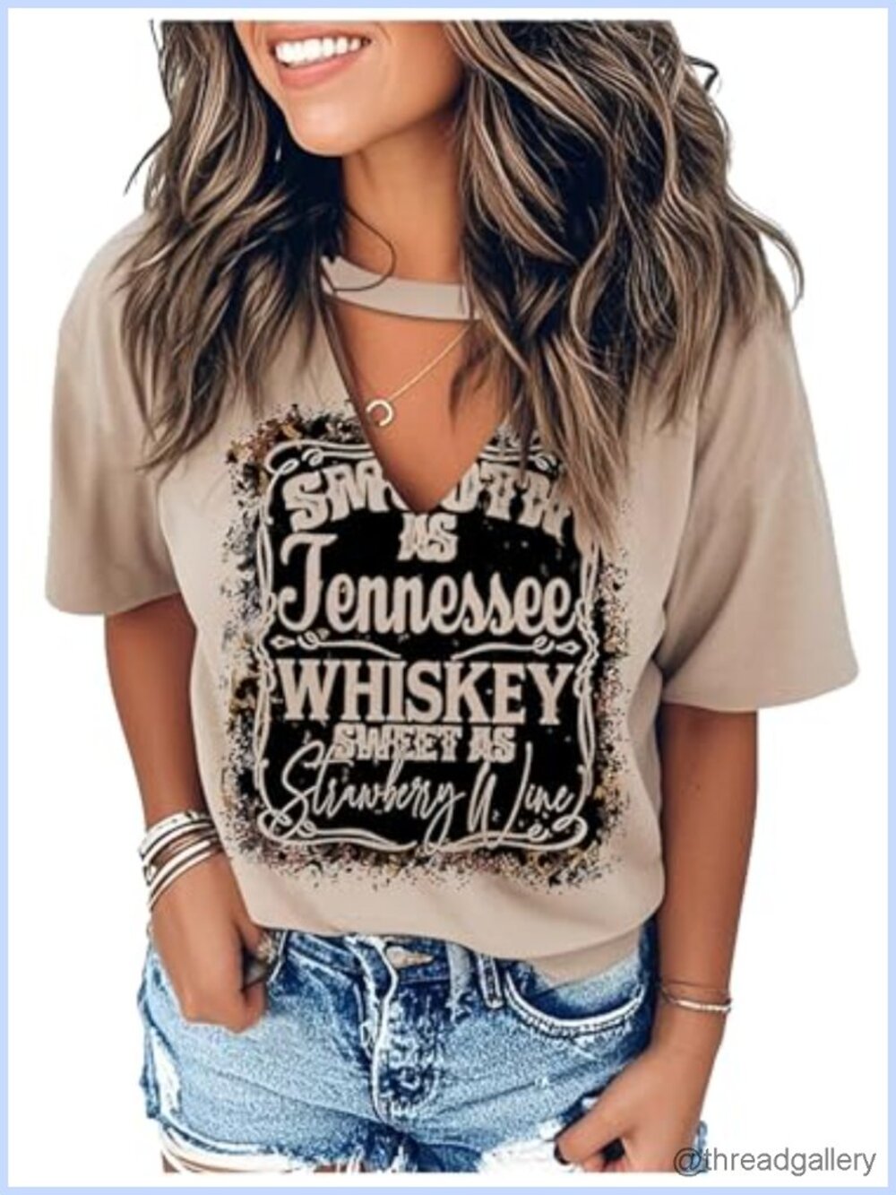 Womens Western Graphic V Neck T Shirt Short Sleeve Cotton Blend